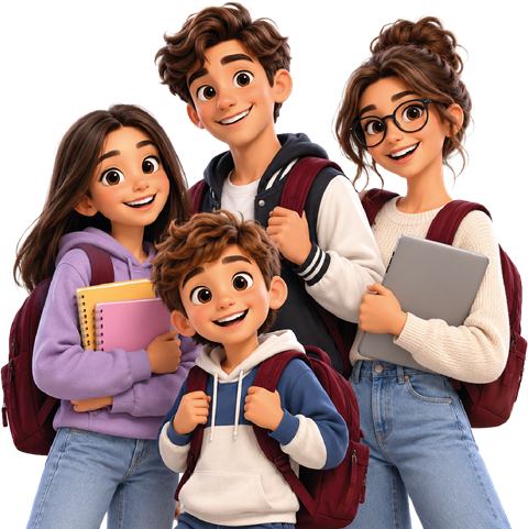 Quattro studenti di Nous, dalla primaria alle superiori, con zaini, libri e computer