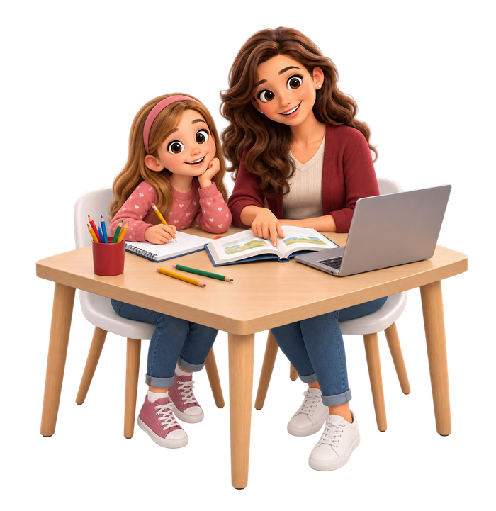 Lezione individuale a Nous: una tutor e uno studente seduti allo stesso tavolo, con libro, quaderno e computer
