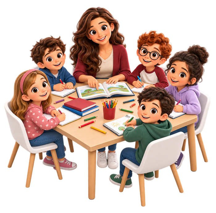 Il tavolo da sei di Nous: cinque bambini della primaria e una tutor seduta con loro, con quaderni, libri e matite colorate