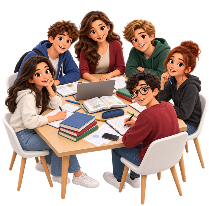 Il tavolo da sei di Nous: cinque studenti delle superiori e un tutor seduto con loro, con computer, libri e appunti